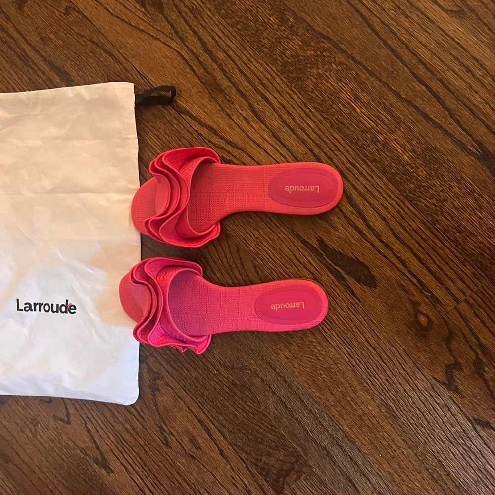 Larroudé Pink Ruffle Slide Sandals